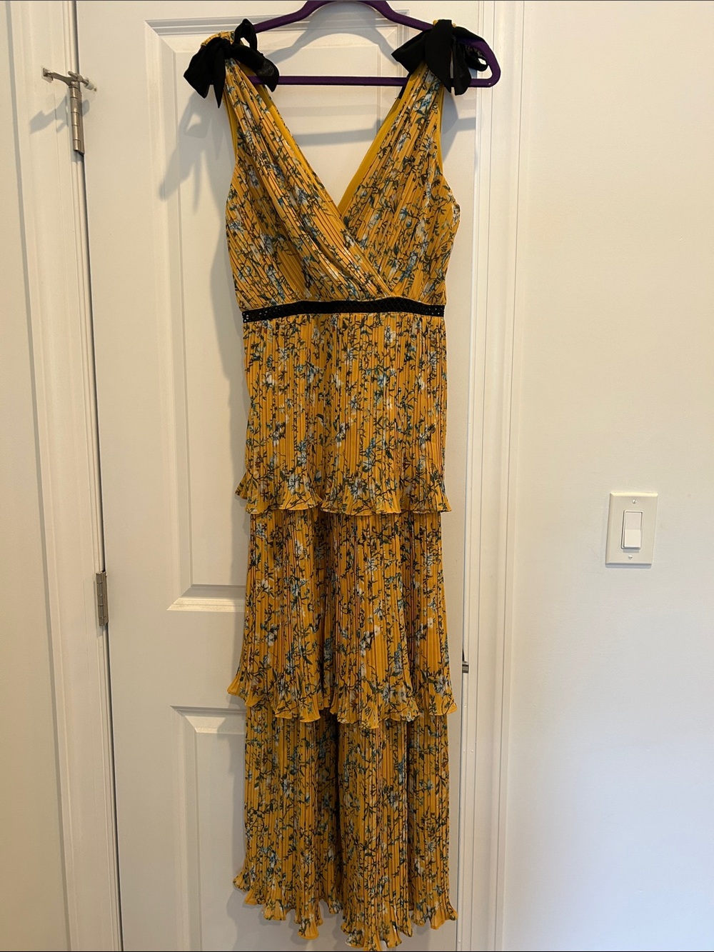 Lulu's Mustard Floral Tiered Maxi Dress with Black Bow Straps